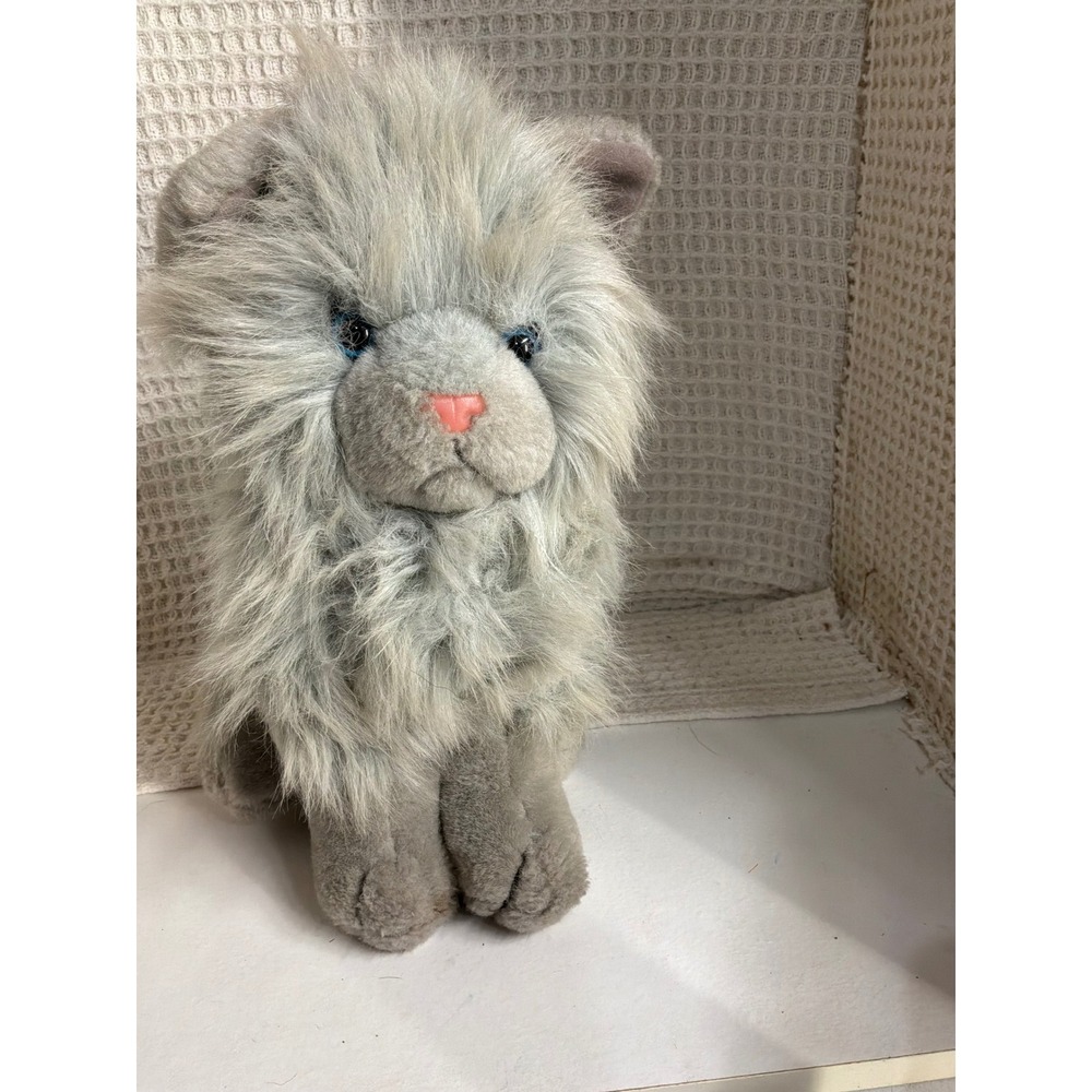 Vintage Kids Walmart Grey Long Hair Shaggy Plush Cat Blue Eyes Small Gray